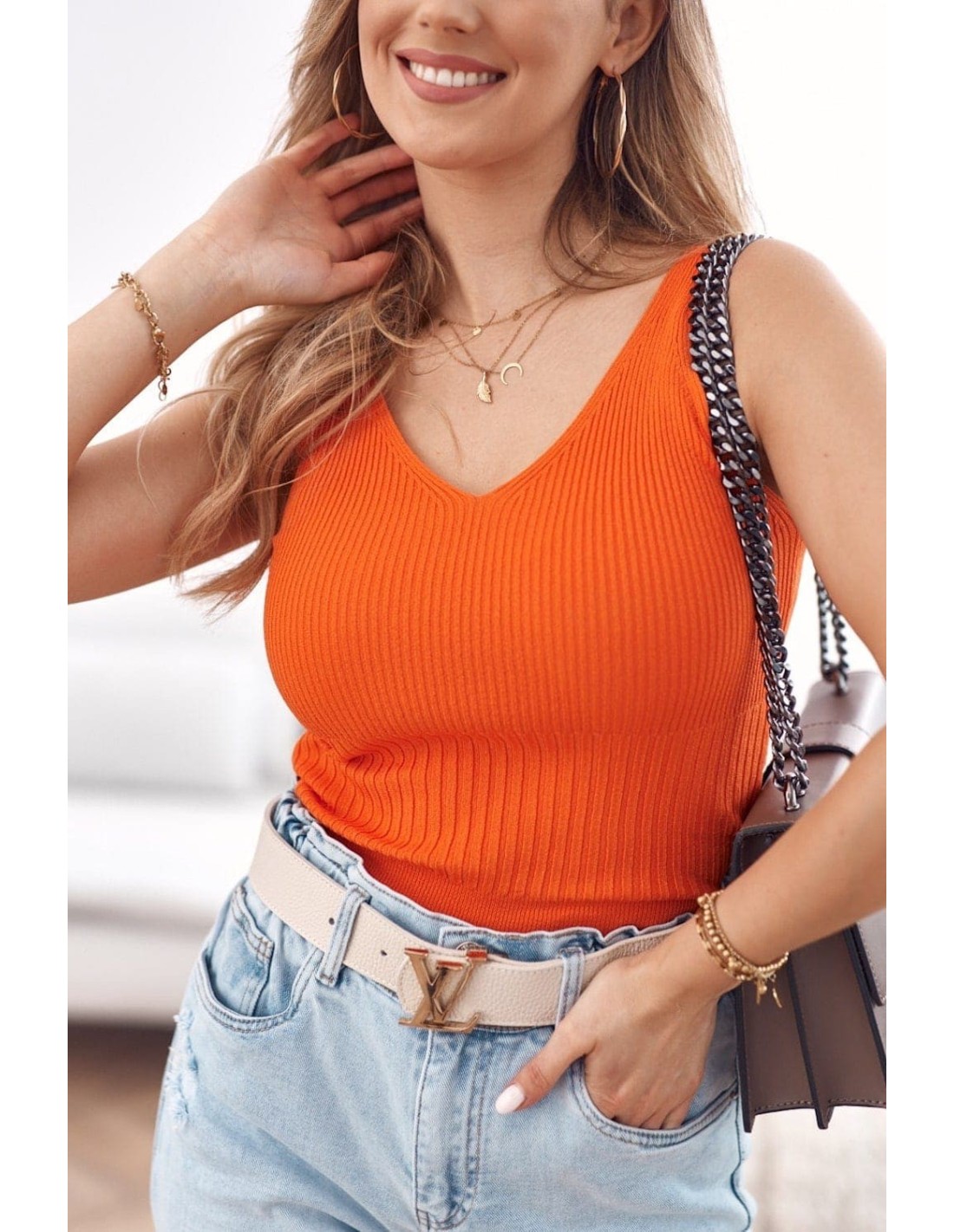 Fitted ribbed top with straps, orange MP32859 - Online store - Boutique